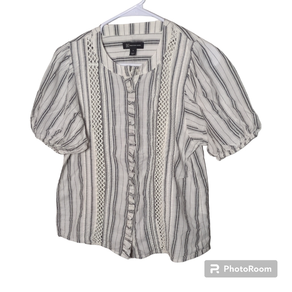 INC Striped Cotton‎ Balloon Sleeve Crochet Boho Peasant Blouse Size Sm